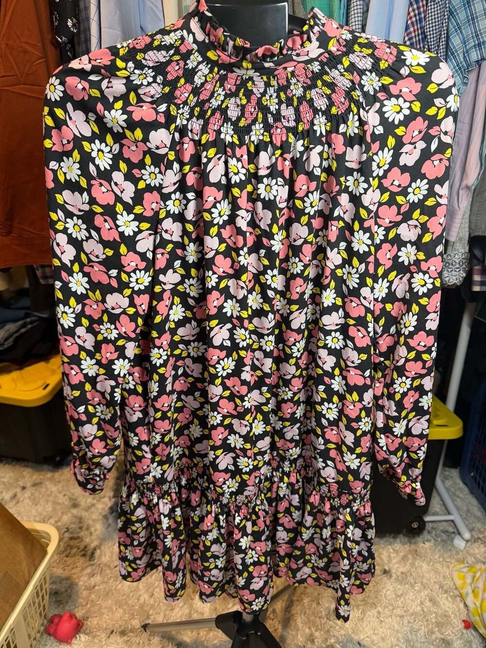 Kate Spade Floral Print Mini Dress Size S Black Pink Long Sleeve Ruffle